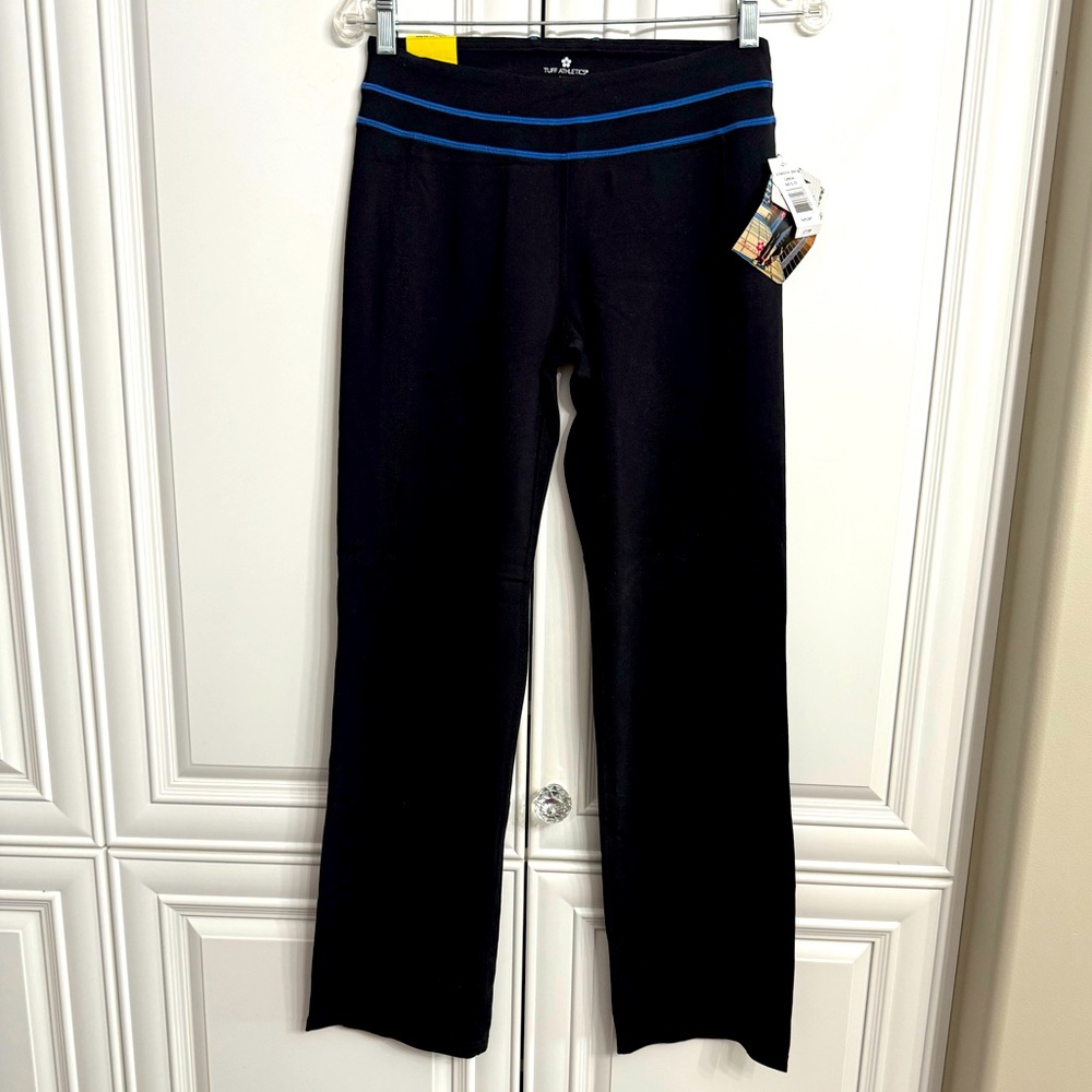 NWT Tuff Athletics Women’s Sz Small Black Straight Leg Yoga Pants w/ Blue Stripe
